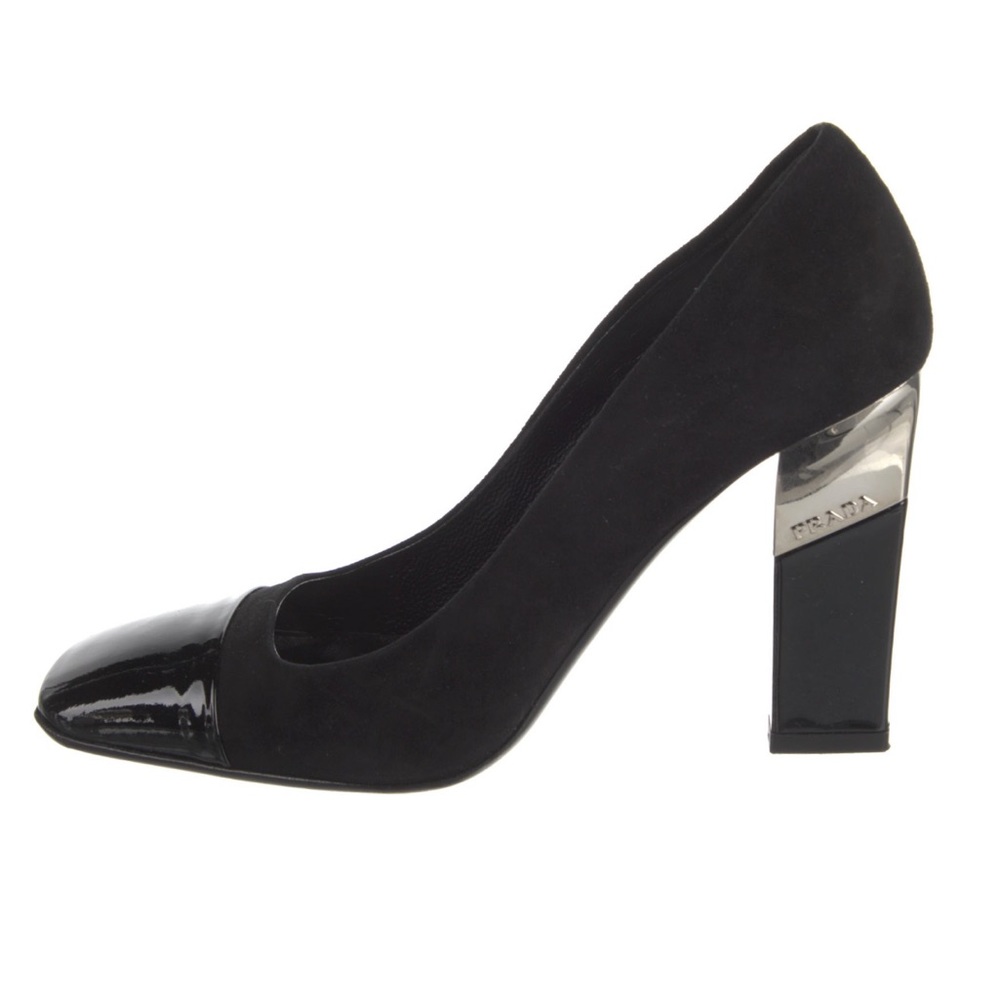 Prada Logo Black Suede Block Heels Pumps Size 37.5
